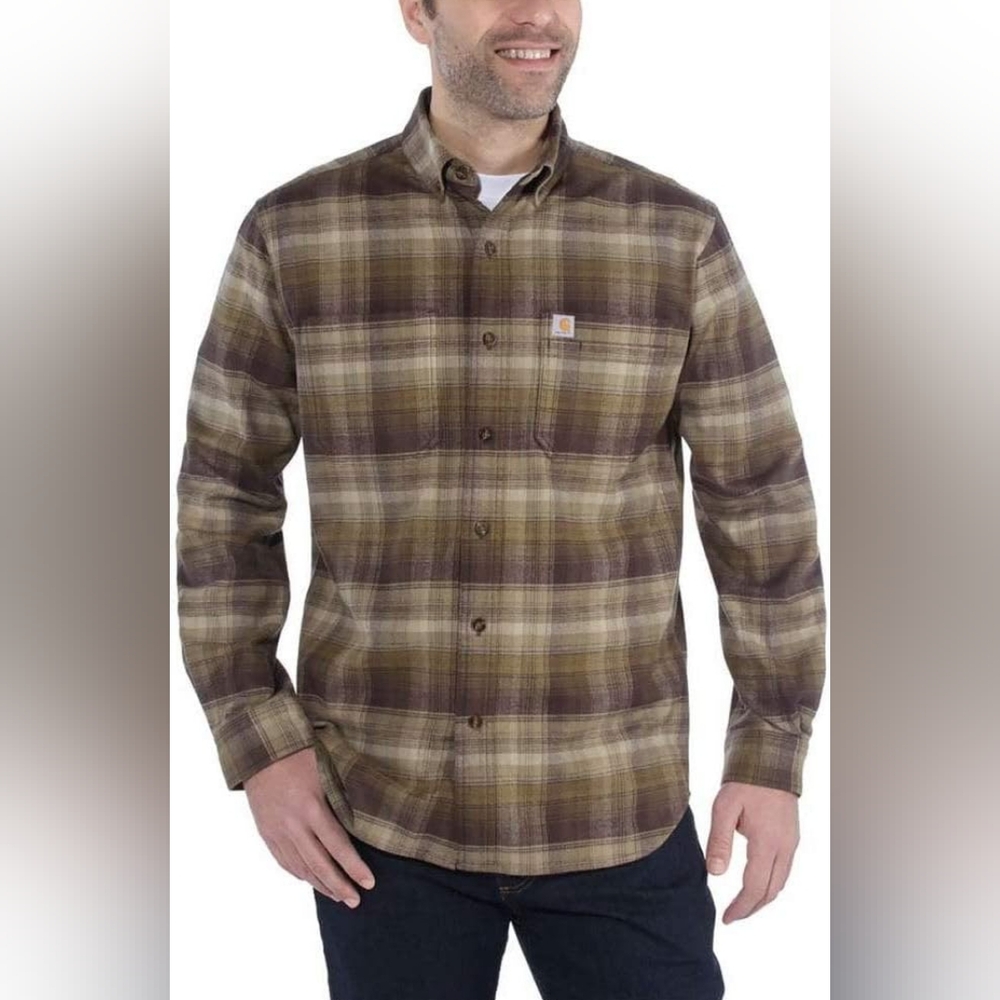 Carhartt Rugged Flex Relaxed Fit Midweight Cotton Flannel Olive Brown Plaid L